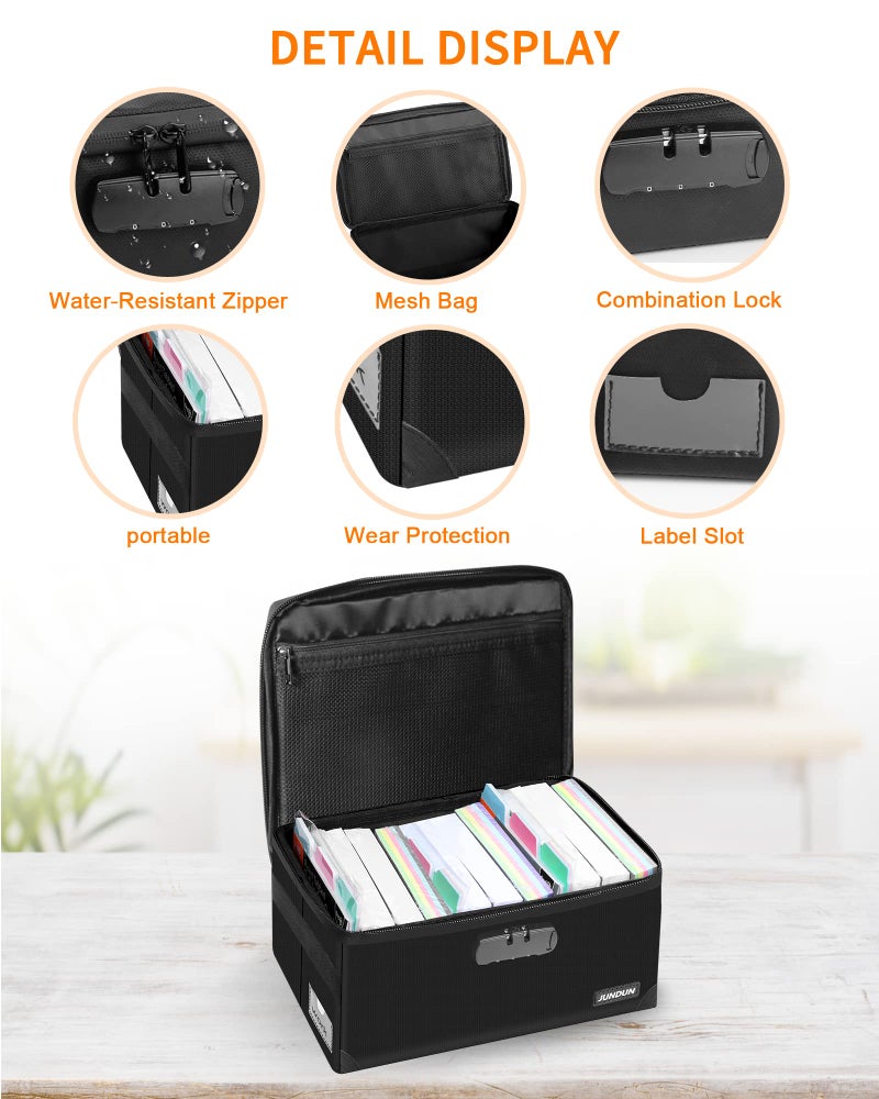 JUNDUN Index Card Holder with Lock,Collapsible Fireproof Index Card Box fits 1200 5x8-Inch Flash Cards - Business, Recipe, or Note Card Storage Boxes - Black - Image 3